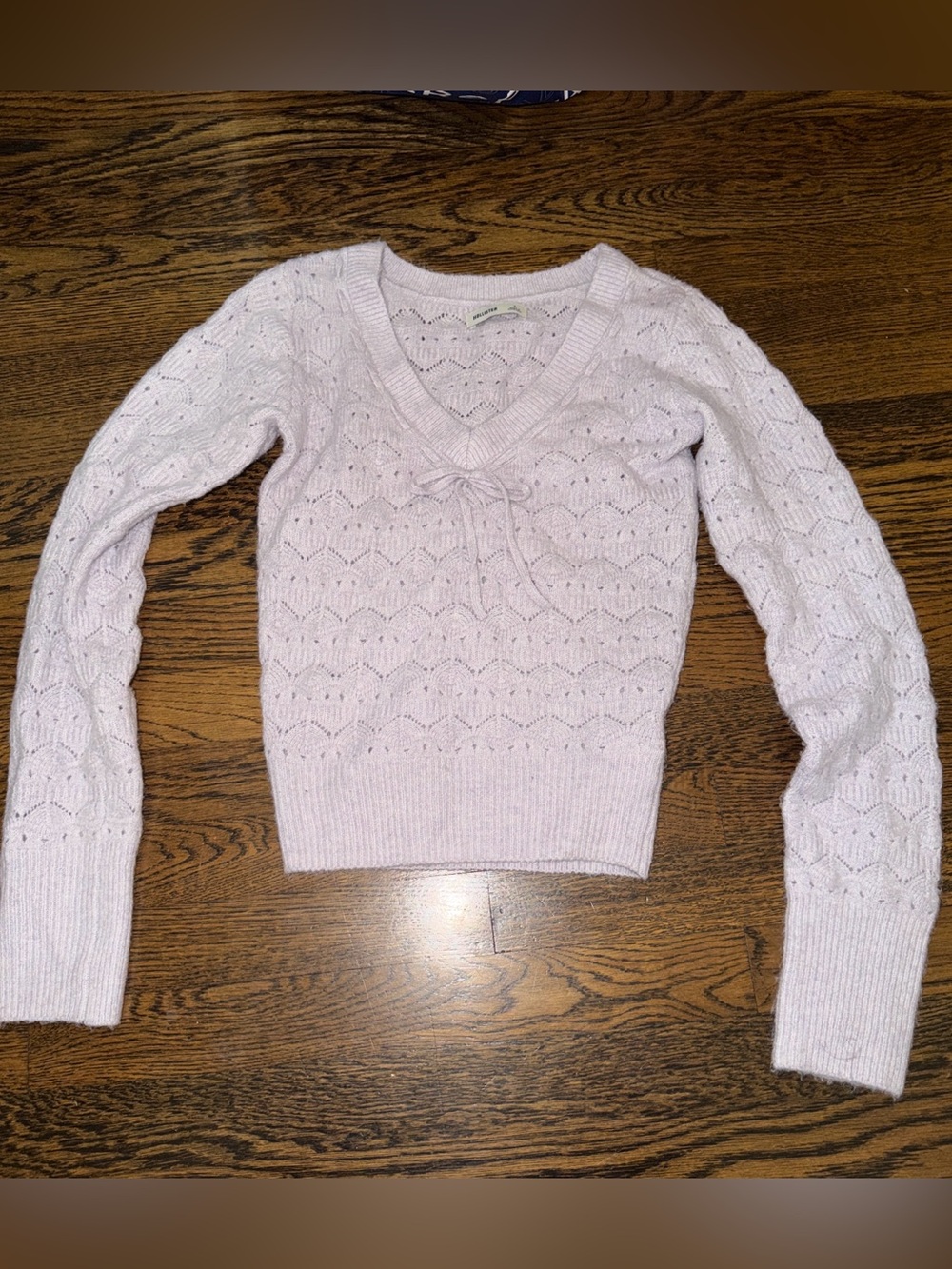 Hollister Light Lavender Pointelle V-Neck Sweater with Tie Detail